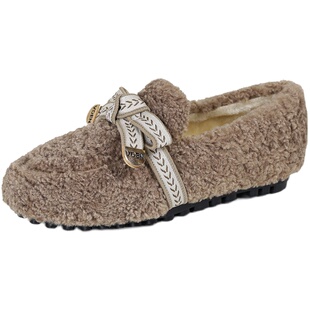 厚底毛毛鞋女冬外穿2025年新款蝴蝶结羊羔毛豆豆鞋加绒大码41到43