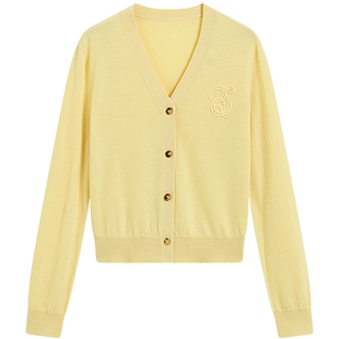 KBNE羊毛刺绣v领长袖针织开衫女2026春季新款黄色针织衫气质上衣