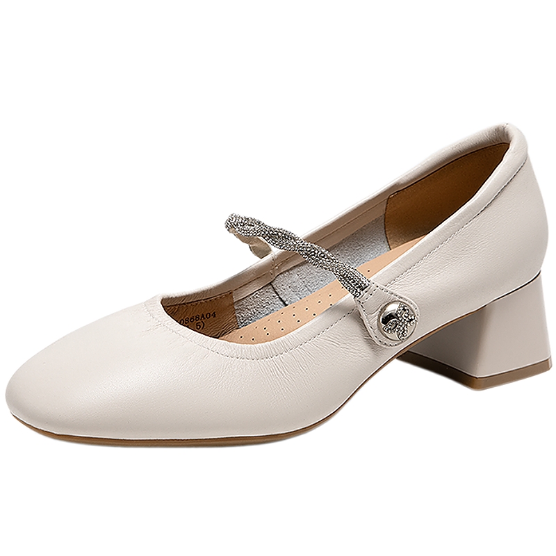 千百度法式粗跟玛丽珍鞋女款2025春秋新款真皮通勤正装高跟鞋单鞋