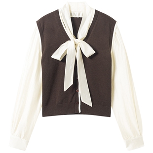 衣香丽影针织衫女2026春老钱风高知飘带上衣高级感拼接假两件衬衣