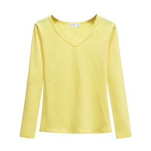 淡黄色t恤女v领短袖纯棉修身短款上衣夏装新款纯色修身鸡心领打底