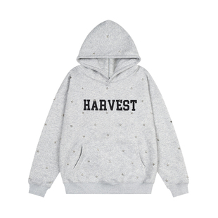 HTTAOSUP美式风HARVEST字母印花连帽卫衣男女灰色宽松休闲上衣潮