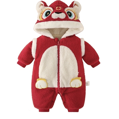 [抗菌]宝宝拜年服婴儿加绒连体衣婴幼童红色冬装宝宝加厚外出哈衣