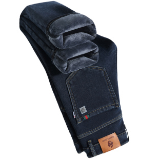 啄木鸟加绒加厚牛仔裤男士品牌超厚保暖冬季直筒宽松商务休闲裤子