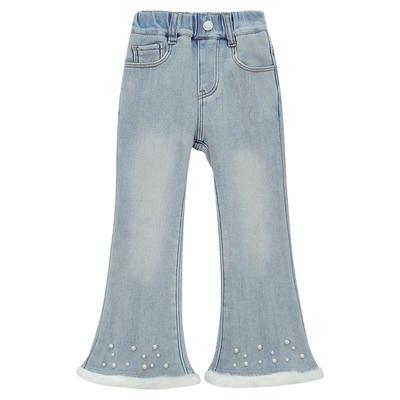 加绒下摆钉珠毛边喇叭牛仔裤