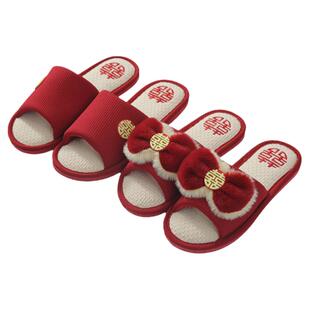 夏季结婚拖鞋新郎新娘陪嫁新婚情侣喜庆红色一对家居高级感加厚底