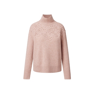 【柔软静奢风】VGRASS维格娜丝冬蕾丝刺绣100%山羊绒粉红色针织衫