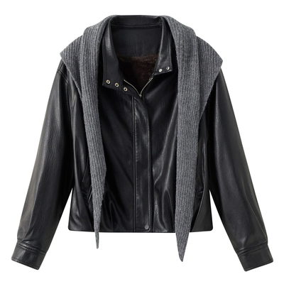 立领短款防风皮衣外套女加绒加厚