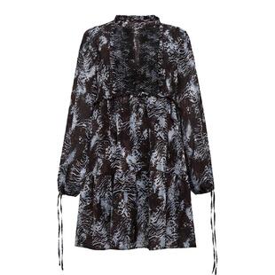 Petit Bari顺滑提花剪花连衣裙女 法式碎花收腰短款长袖裙 春夏