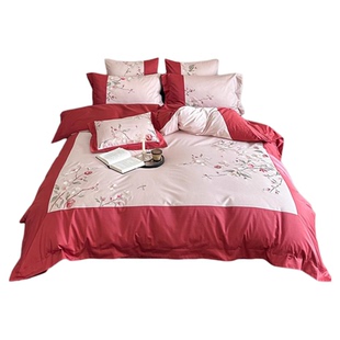 春夏新品婚庆四件套全棉100支红粉绣花拼色结婚被套床单喜庆床品