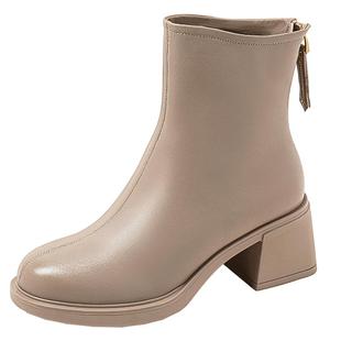 康莉时装粗跟短靴女秋冬圆头真皮加绒软羊皮通勤靴子白色短靴皮靴