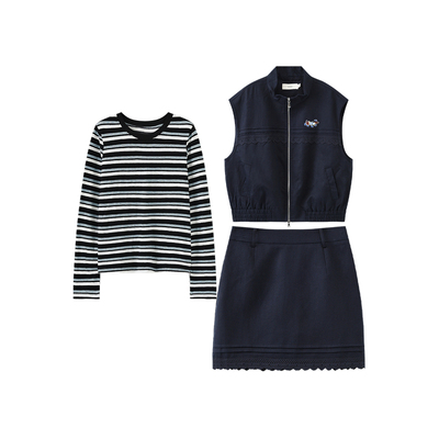 西町村屋极简套装女装2026春季新款随性条纹撞色三件套XABA10480