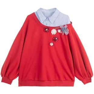 [花漾红装] 设计感扎花红色卫衣女25秋季新品甜系假两件斜肩外套