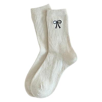 蝴蝶结羊毛袜子女中筒袜冬季保暖