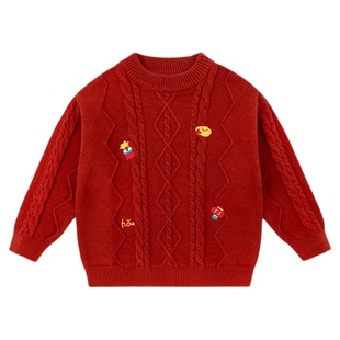嘟嘟家男童毛衣冬季儿童红色唐装上衣拜年服女童毛线衣小宝宝冬装