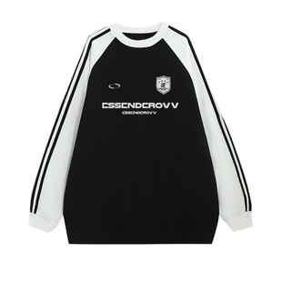 美式高街圆领拼接卫衣男款春秋款印花宽松休闲三条杠上衣加绒外套