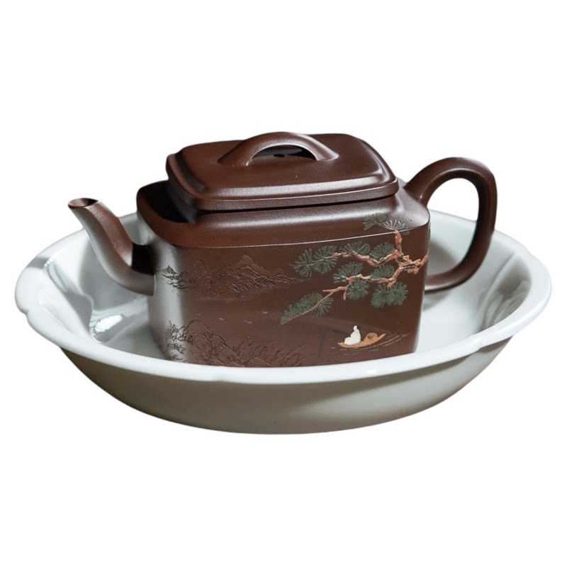 原矿紫泥四方桥鼎紫砂壶 手工泥绘山水四方壶 家用泡茶功夫茶具