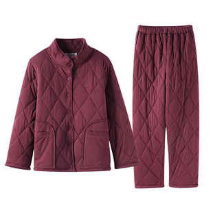 美标秋冬三层加厚夹棉纯棉睡衣套装女立领咖啡碳可外穿全棉家居服