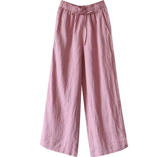 春夏宽松显瘦纯色木耳边系带阔腿裤文艺素雅100%亚麻长裤禅茶裤女
