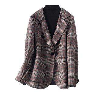 毛呢外套女短款西装领一粒扣千鸟格2025秋冬新款修身气质羊毛西服