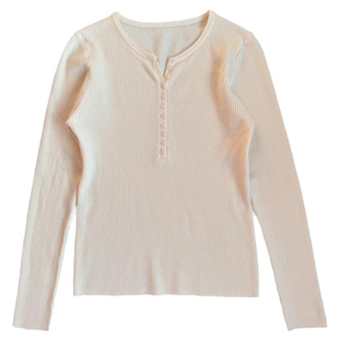 复古软糯排扣剪刀领修身显瘦柔软舒适套头螺纹长袖打底针织衫毛衣