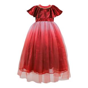丢手绢童装连衣裙酒红色女童公主裙秋冬渐变网纱生日礼服新年礼物