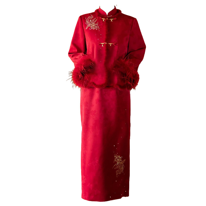 艾诗霓《锦安》新中式新娘敬酒服秋冬新款红色订婚礼服冬季套装
