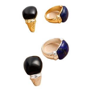 欧美风小众设计高级感天然青金石黑玛瑙法式优雅ins重工复古戒指