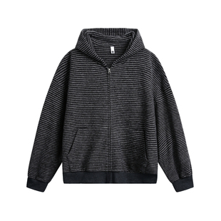 NEVERNEED美式复古cleanfit连帽卫衣男女重磅慵懒风条纹开衫外套