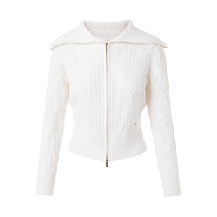 朗姿/LIME莱茵羊毛羊绒绞花针织套装双头拉链翻领开衫高腰短半裙