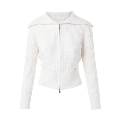 朗姿/LIME莱茵羊毛羊绒绞花针织套装双头拉链翻领开衫高腰短半裙