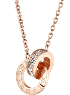 网红同款经典双环锆石钛钢项链女生百搭罗马数字不掉色锁骨链饰品