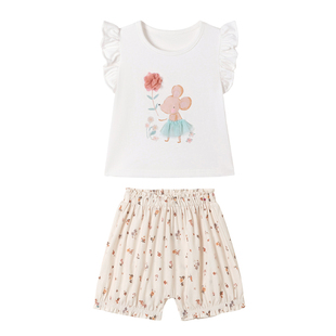 女童夏季薄款短袖短裤2件套宝宝白色小飞袖上衣小童T恤碎花灯笼裤