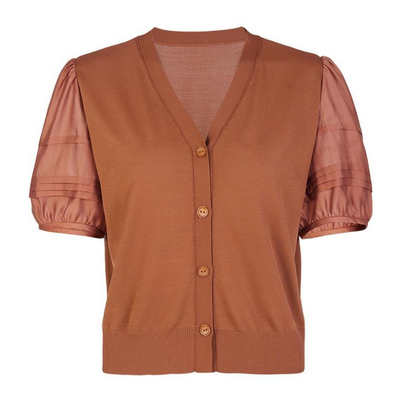 婉甸2026夏新品雅丹橘V领泡泡袖毛织休闲风短袖开衫1252W08RS2