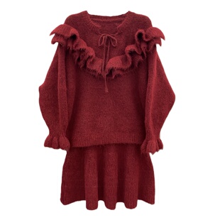 韩系秋冬超好看荷叶边毛衣高腰A字短裙显瘦时尚新年穿搭两件套女