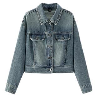 森马牛仔外套女春季短款翻领落肩宽松做旧2026新款工装风高街夹克
