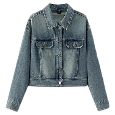 森马工装风翻领短款牛仔外套女