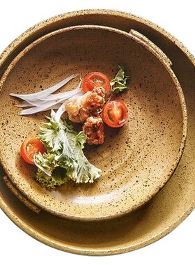 日式双耳复古深盘创意简约圆形餐盘粗陶盘