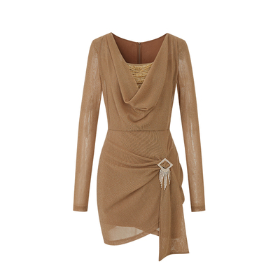 Sun雅乔【反转纽约】大女主长袖轻熟风撒银荡领烫钻修身连衣短裙