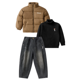 男童冬装羽绒服套装90白鸭绒外套高领毛衣加绒牛仔裤三件套中大童