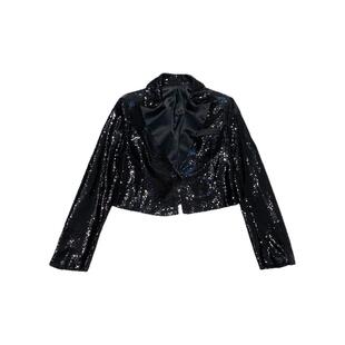 CCA黑色亮片翻领短款西装外套亮闪闪演出服缎面拼接高腰小西服女