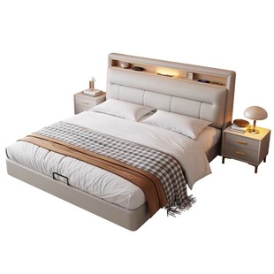 奶油风真皮床小户型多功能床头储物床现代简约1米8双人主卧软包床