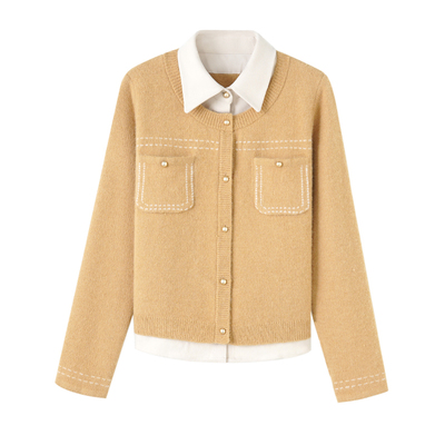 YBAI/亦白 2025秋季新款时尚灯芯绒撞色拼接假两件毛衣针织开衫女