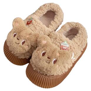 细细条 ins可爱毛绒小熊休闲百搭面包鞋软底秋冬外穿羊羔毛棉鞋女