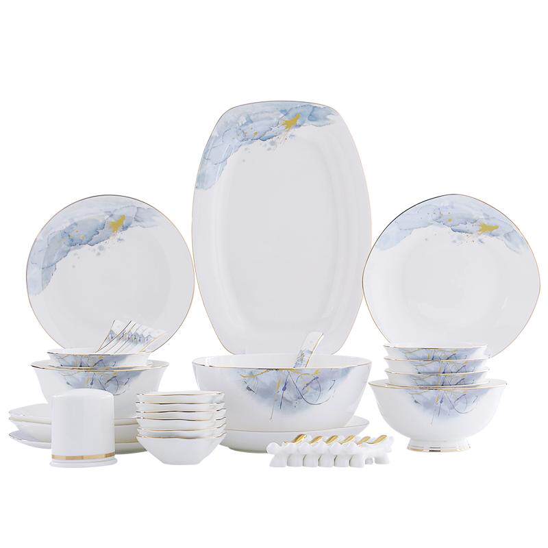 36头骨瓷餐具套装轻奢碗盘家用金边碗盘碟组合套具乔迁送礼盒