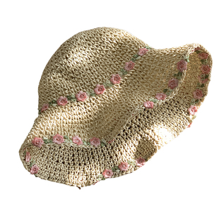 花朵草编渔夫帽女夏季海边沙滩度假草帽大帽檐遮阳防晒太阳帽子潮