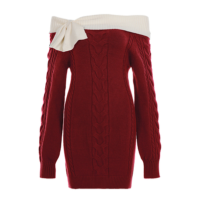 IAEY圣诞新年红色战袍纯欲蝴蝶结翻领一字肩毛织连衣裙修身包臀裙