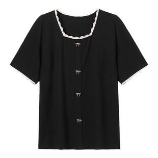 大码显瘦遮肚子上衣夏季宽松200斤胖MM韩版百搭半袖方领短袖t恤女