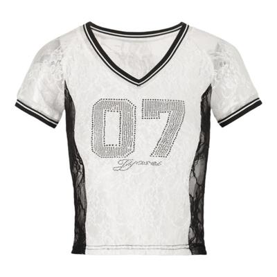 JYOSEI角色黑白蕾丝拼接烫钻短袖