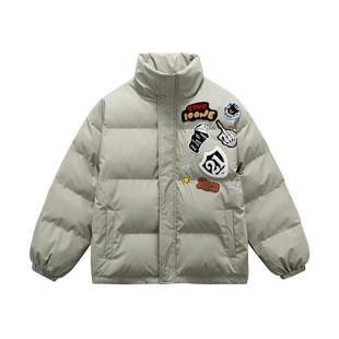 TIRED美式毛巾绣PU皮衣棉服情侣宽松加厚外套国潮保暖休闲棉衣冬